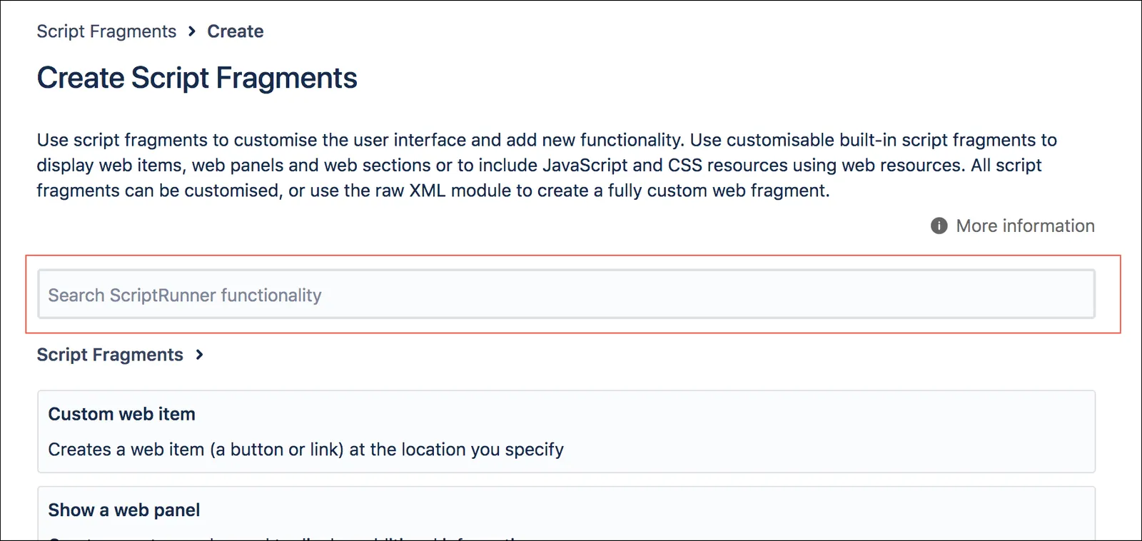 The Search ScriptRunner functionality field on the Create Script Fragments screen.