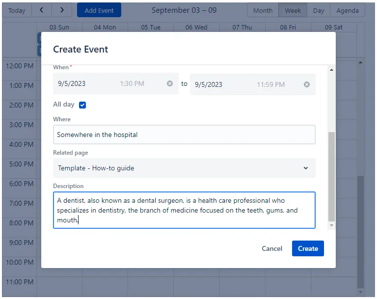 Description field with example detailed event information entered in the event creation form
