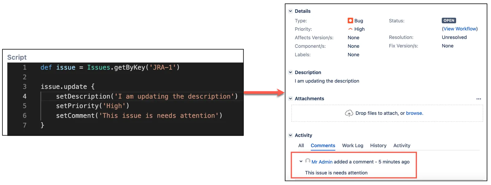 Image showing how to add a comment while updating an issue