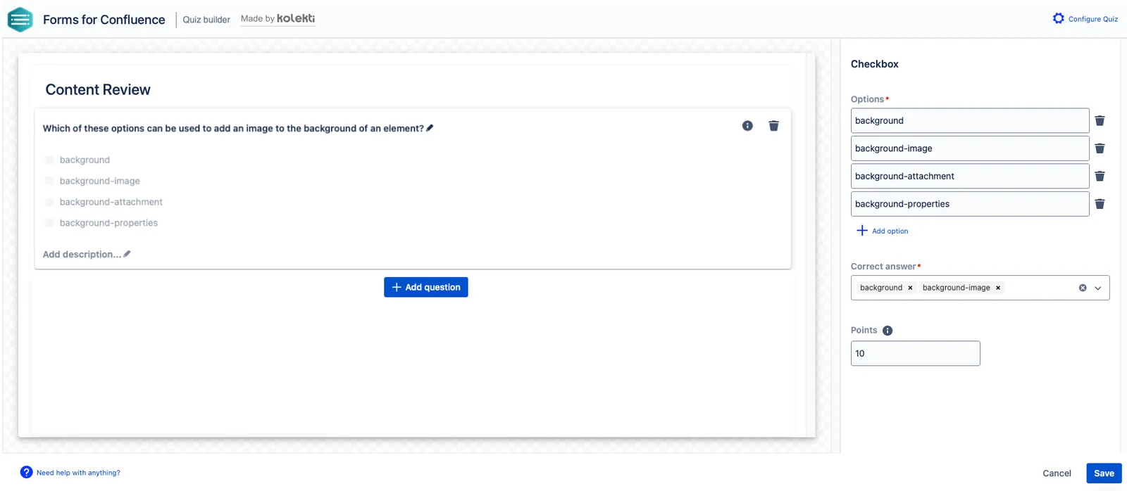 Checkbox question setup screen showing fields for the question text, description, options list, correct answers selection, and points.