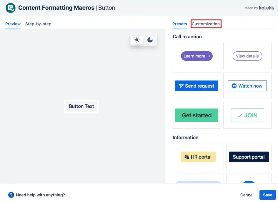 Button presets panel showing different button styles, colors, shapes, and icon options available for customization.