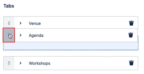 Editor interface showing tabs being rearranged by drag-and-drop to change their order.