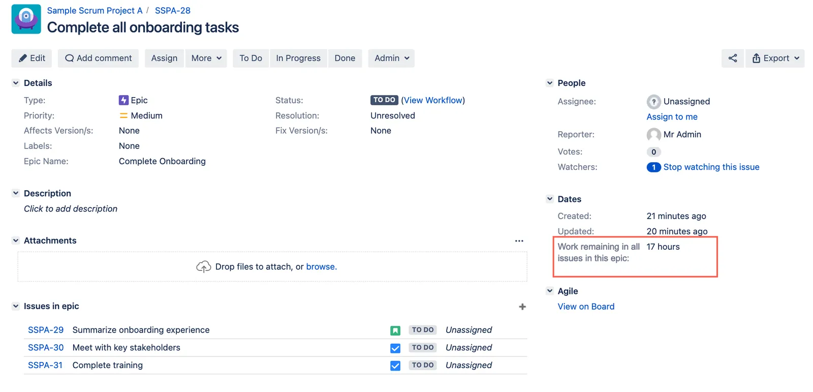 Issue view showing the custom “Work remaining in all issues in this epic” script field with remaining time displayed for the epic and its linked issues