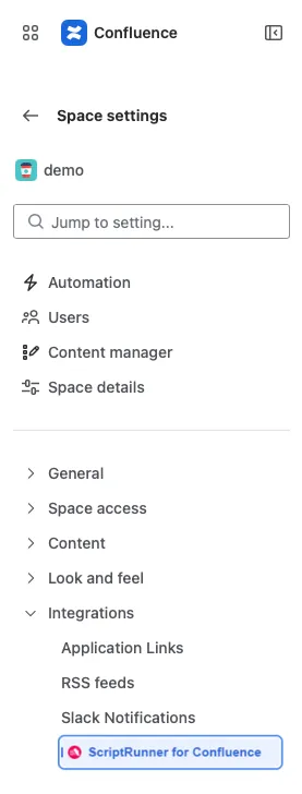The ScriptRunner for Confluence option in the Space Settings menu.