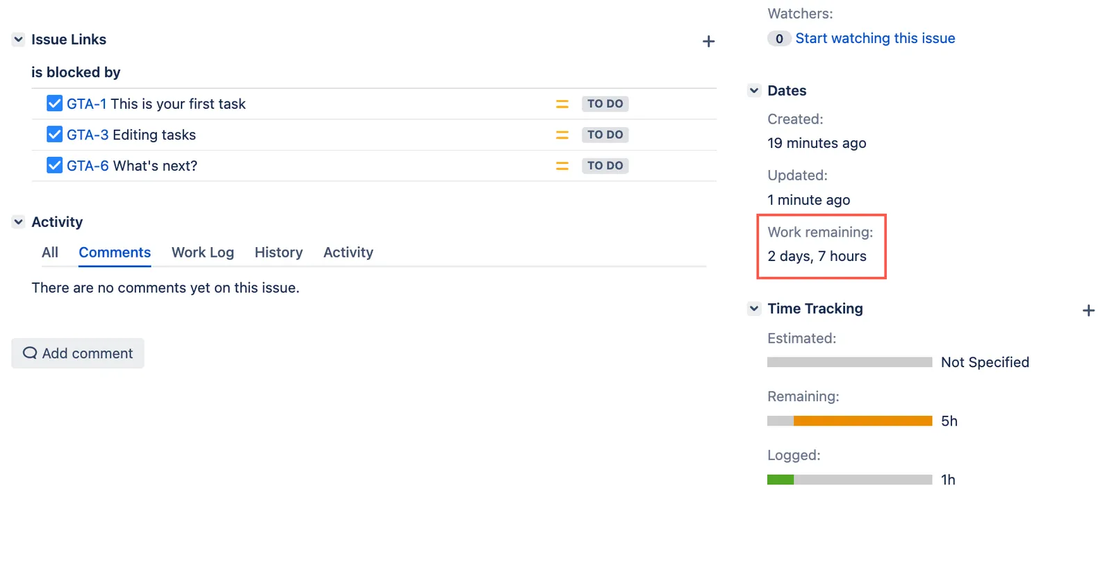 Issue view showing the Work remaining custom field with the calculated remaining time