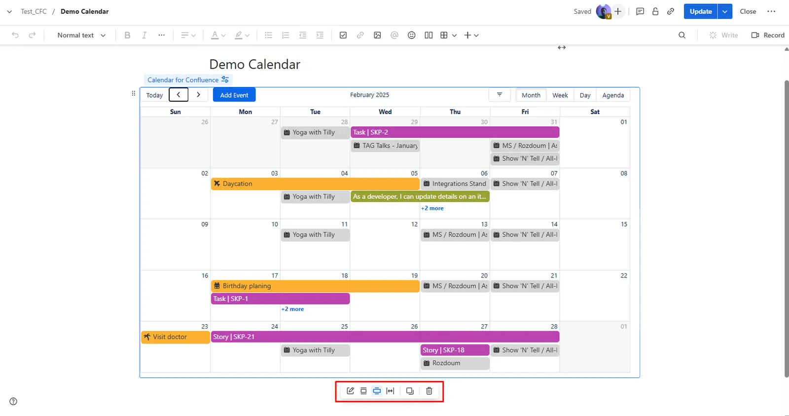 Calendar for Confluence macro configuration dialog showing calendar settings