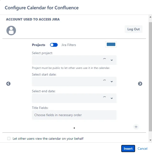 Authorization dialog for the Calendar for Confluence macro showing Jira login and permission options