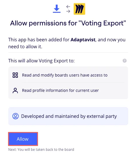 The allow-permissions prompt screen that gives Voting Export the following two permissions in Miro: To read and modify boards users have access to, and to read profile info for the current user.