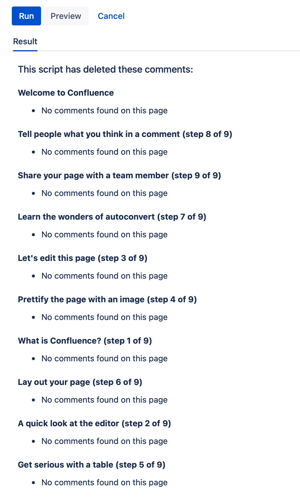 Results listing the deleted comments.