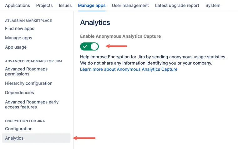 Encryption for Jira Analytics settings screen showing the Enable Anonymous Analytics Capture toggle