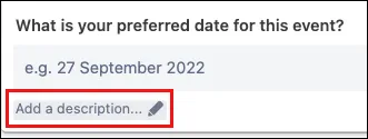 Form builder interface showing the Add a description field for the Date question