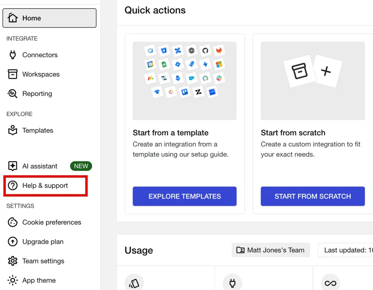 The ScriptRunner Connect dashboard with the Help & Support option highlighted.