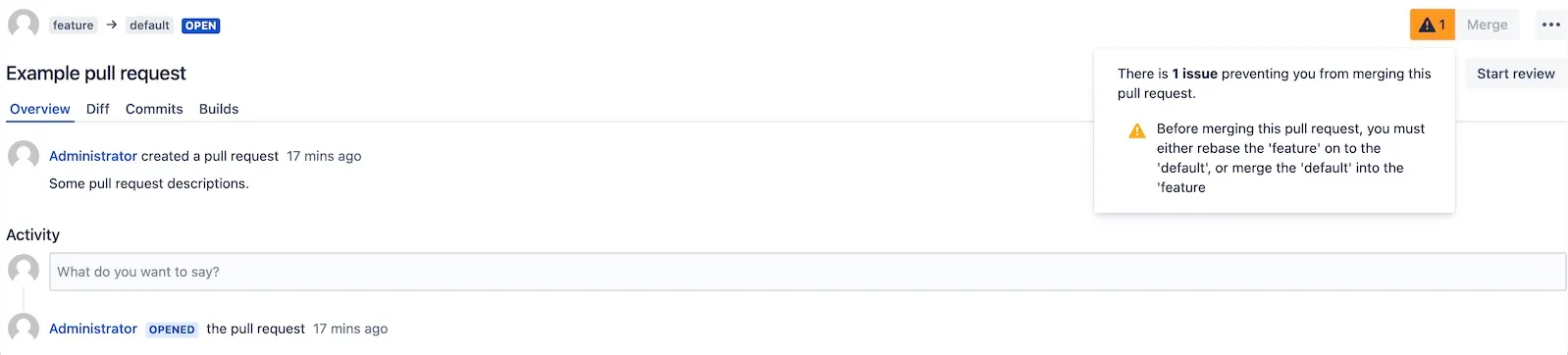 Example pull request showing a warning that it is behind the target branch and cannot be merged until updated.
