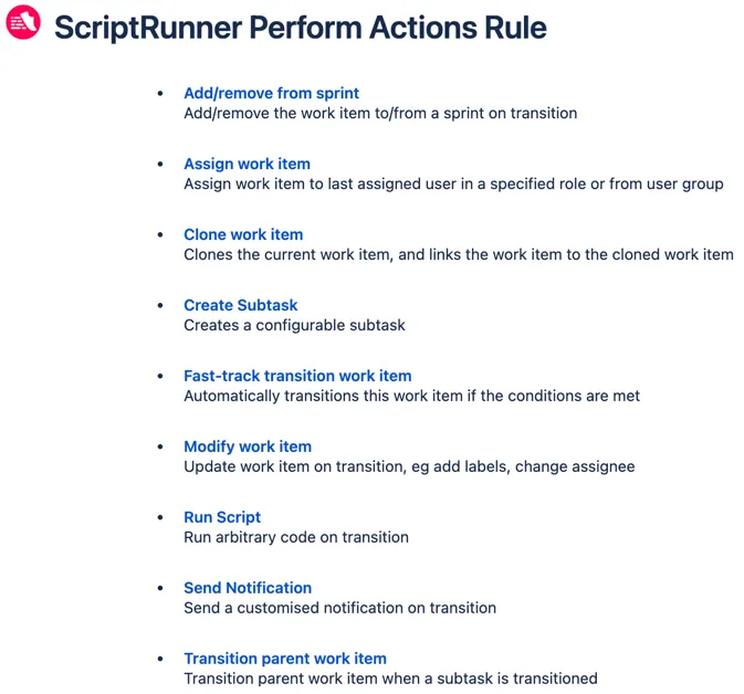 Perform actions rule list in Jira showing the Add/remove from sprint option selected
