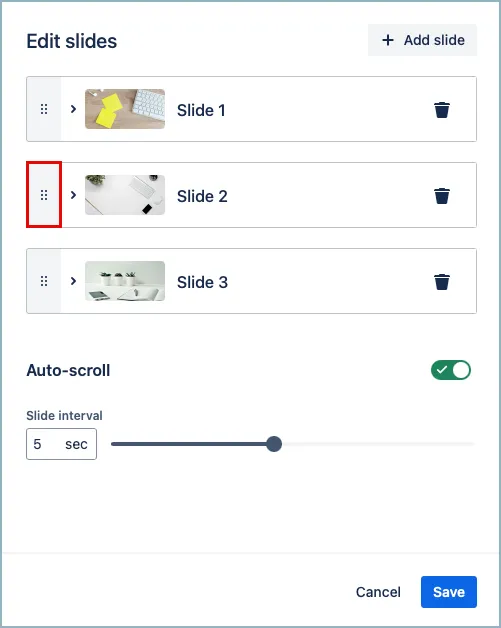 Interactive Banner slide with drag-and-drop handle highlighted for rearranging slides