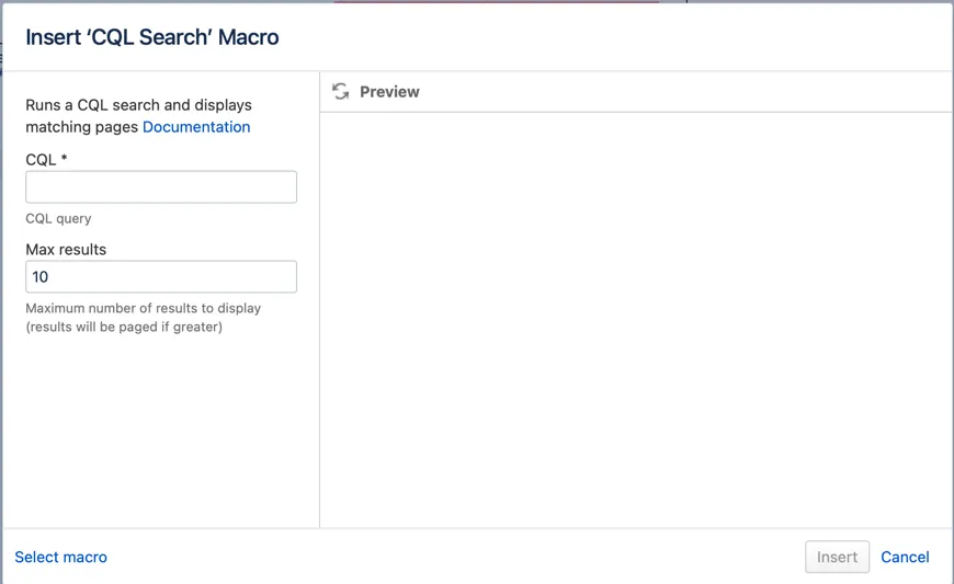 The CQL Search macro form.