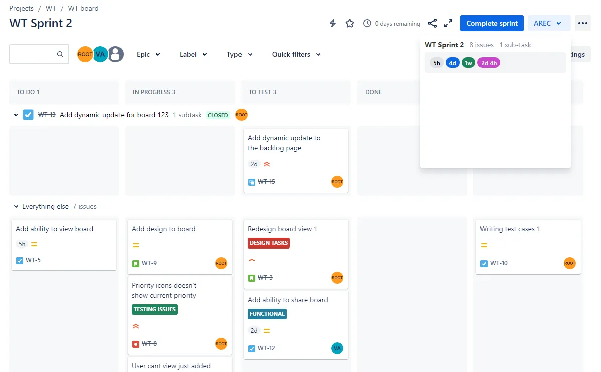 Image showing estimations on a Jira board