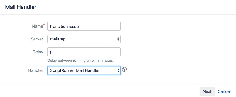Mail handler configuration with ScriptRunner Mail Handler selected