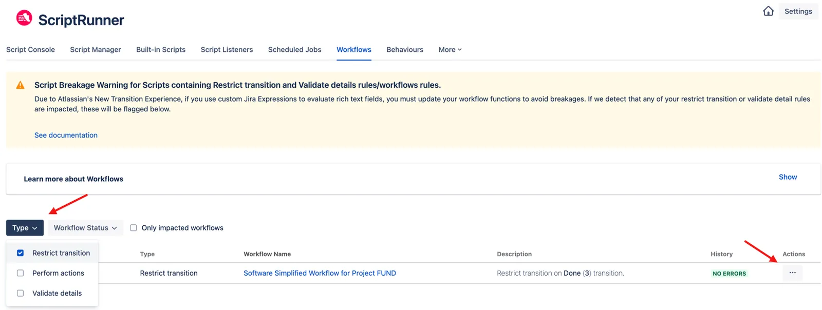 Actions menu with Edit option highlighted for a Restrict transition workflow