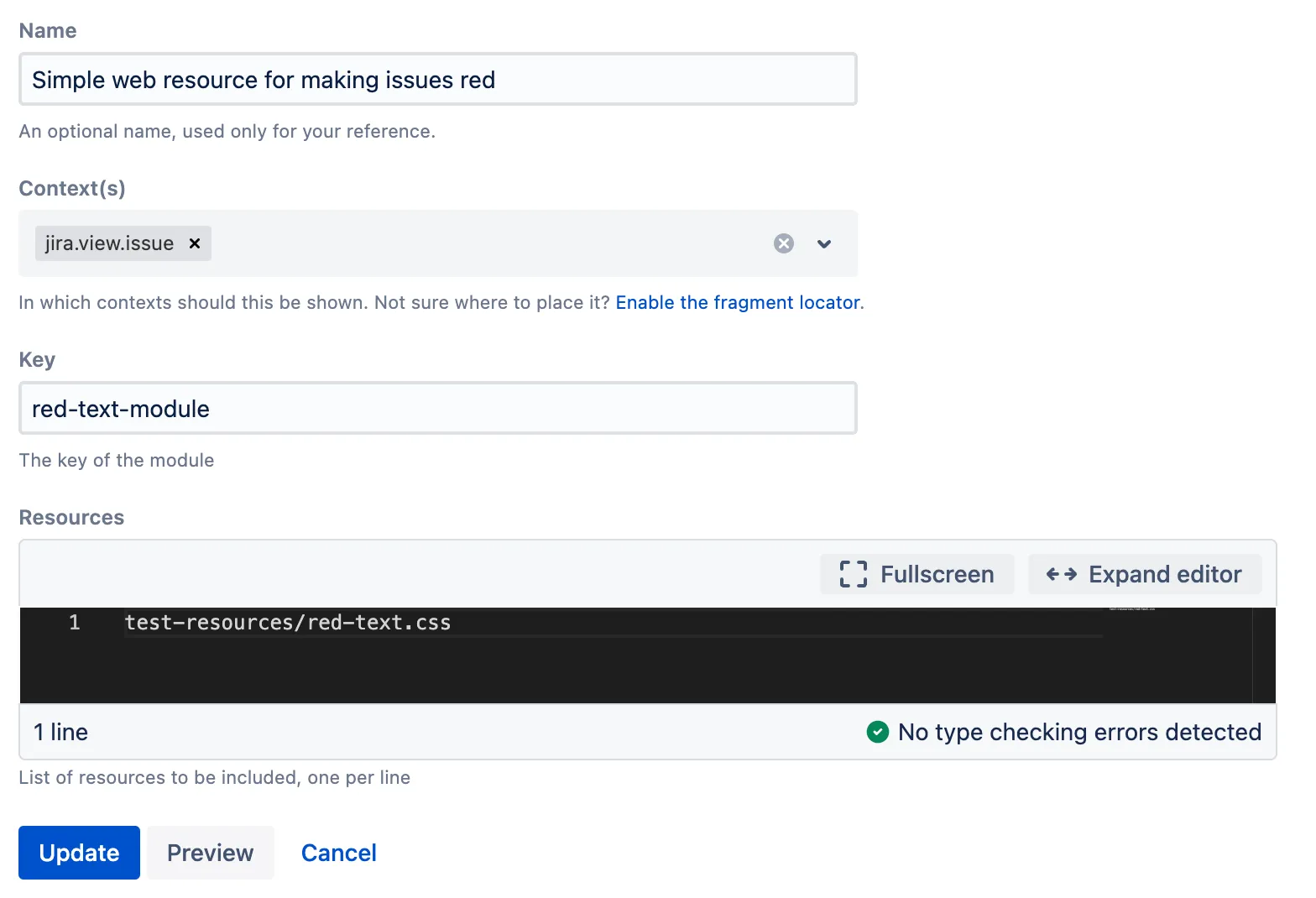 ScriptRunner Install web resource fragment form configured to load the red-text.css file