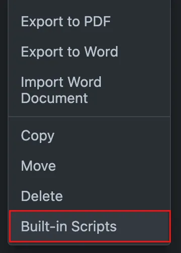 The Built-in Scripts option in the Confluence three-dot menu.