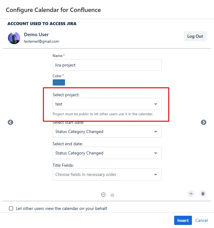 Select project / Select filter field highlighted in the Calendar for Confluence interface, showing the dropdown to choose a Jira project or filter.