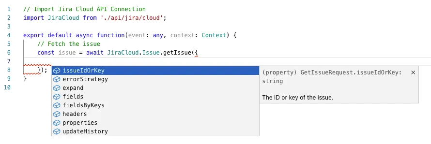 JavaScript code snippet showing Jira Cloud API integration. A dropdown shows suggestions.