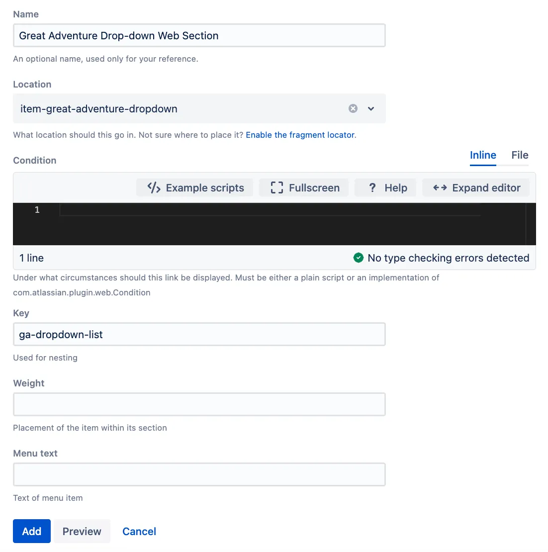Example of a configured Great Adventure drop-down web section showing the added custom web section in the web item.