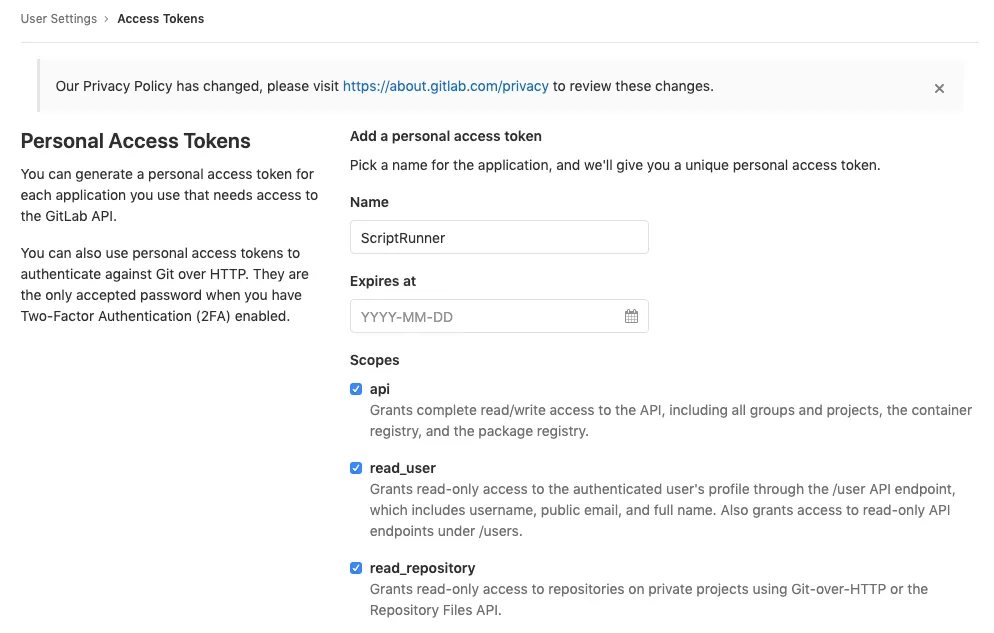 GitLab User Settings Access Tokens page.