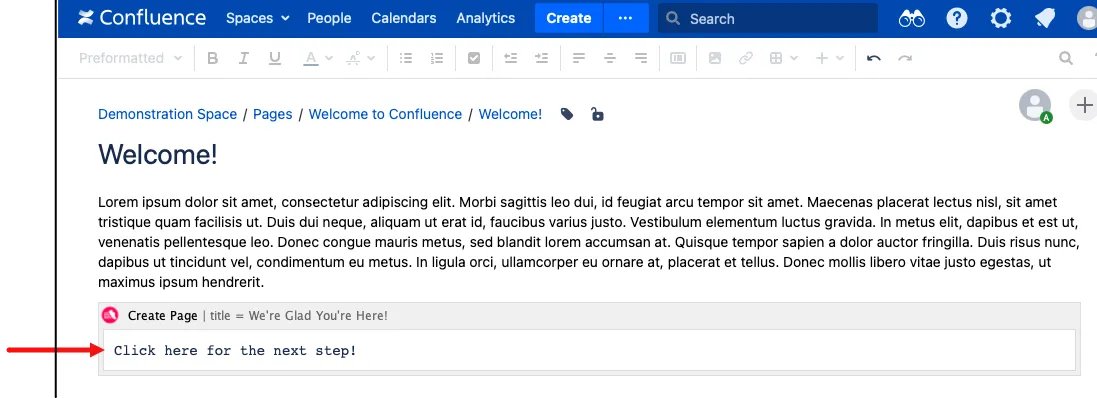 The Create Page macro placeholder.