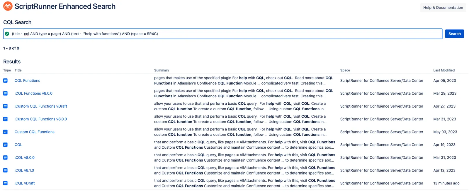 The CQL Search results.