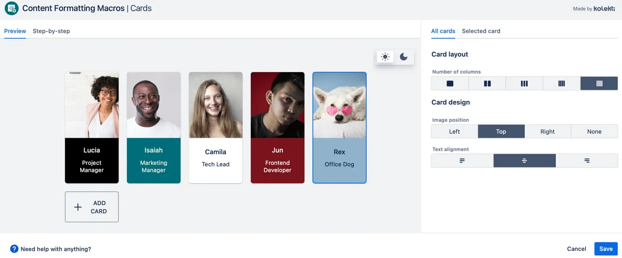 Example of a page using the new Advanced Cards macro, showing a grid of evenly aligned clickable cards.