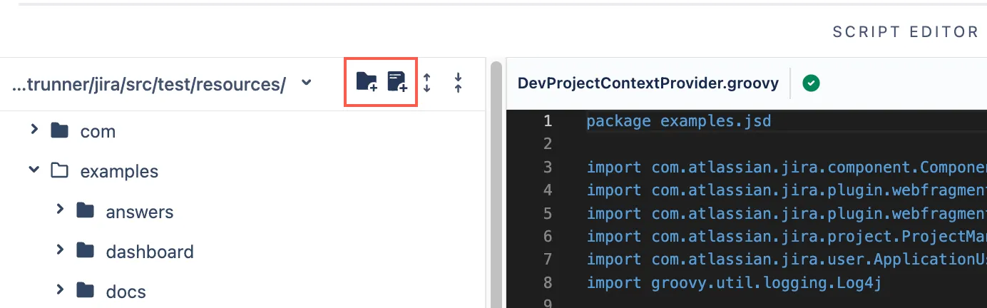 Script editor toolbar with folders highlighted