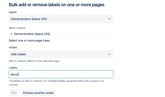 The Bulk Add/Remove Labels on One or More Pages script with the specified details.