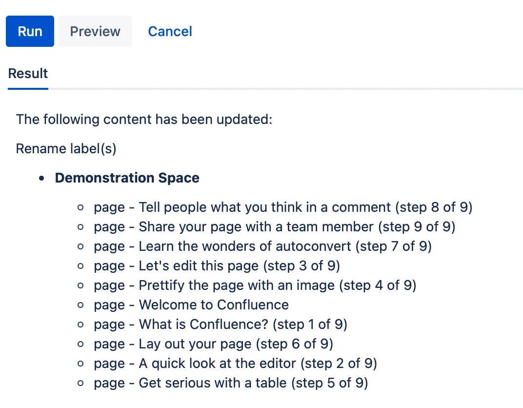 Example results for renaming a label.