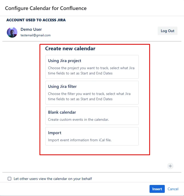 Calendar for Confluence configuration screen showing options to select a calendar using a Jira project, Jira filter, blank calendar, or importing from an iCal file.