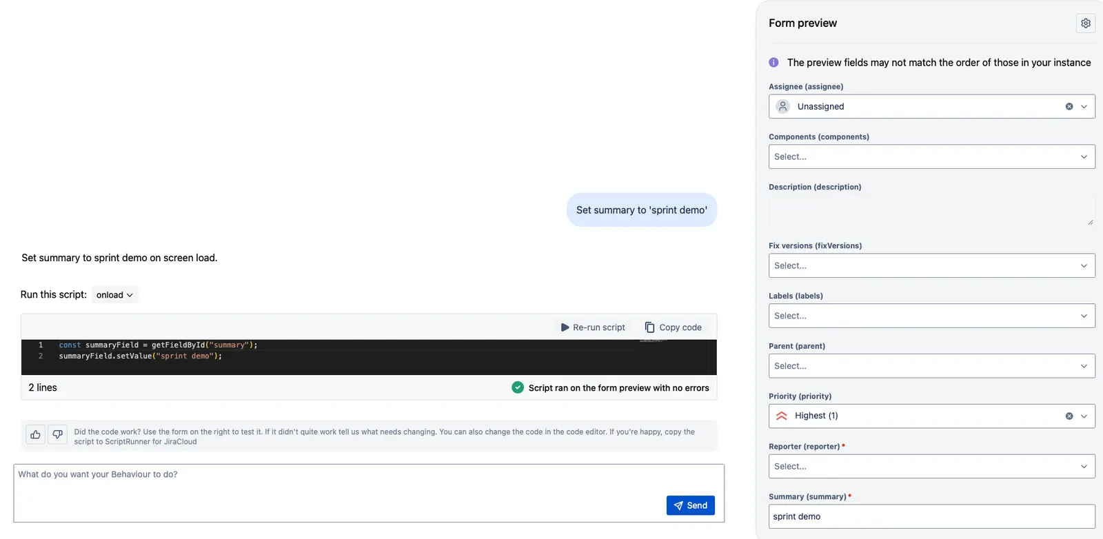Behaviours Bot code editor and Form preview panel showing the generated Behaviours script alongside the corresponding work item fields configured for the selected space.