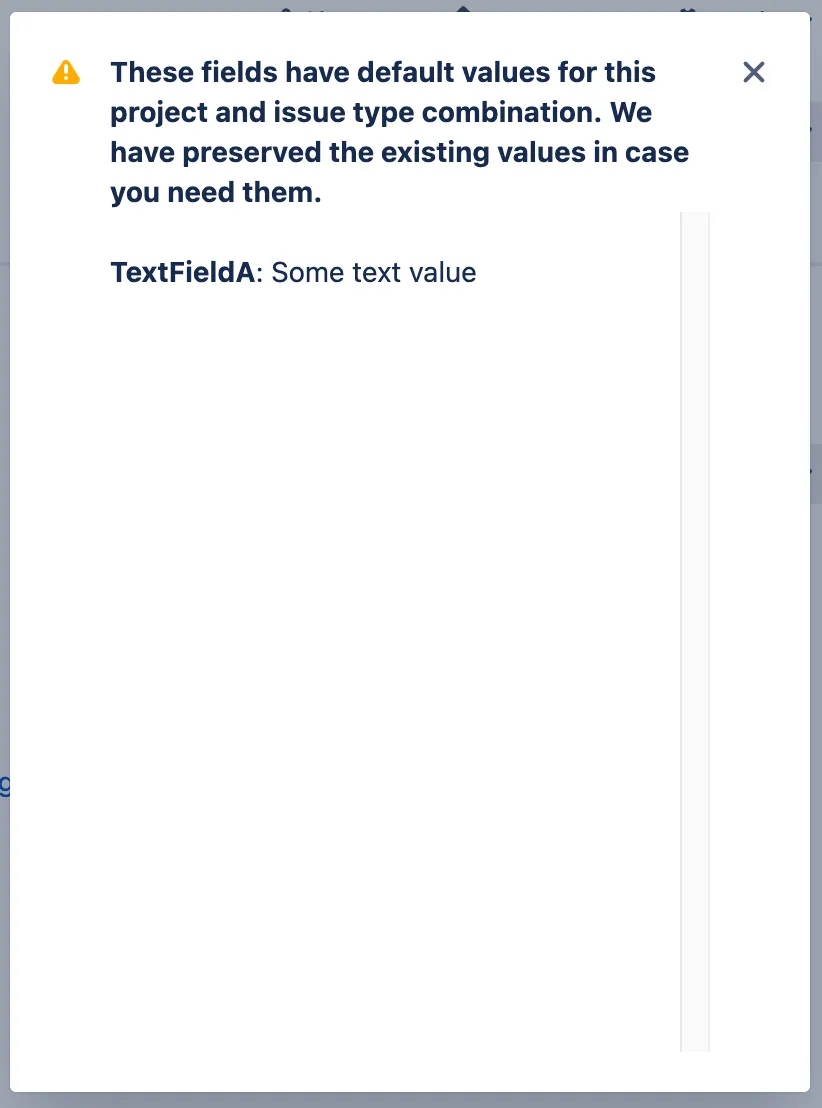 Pop-up dialog displaying preserved original field values that can be copied and pasted after a form is modified.