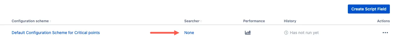 Jira Script Fields page showing the Searcher column with the Duration Searcher selected and the Edit Searcher option available.