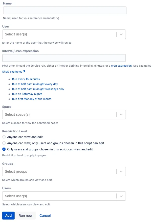 The example script form with the specified configuration details.