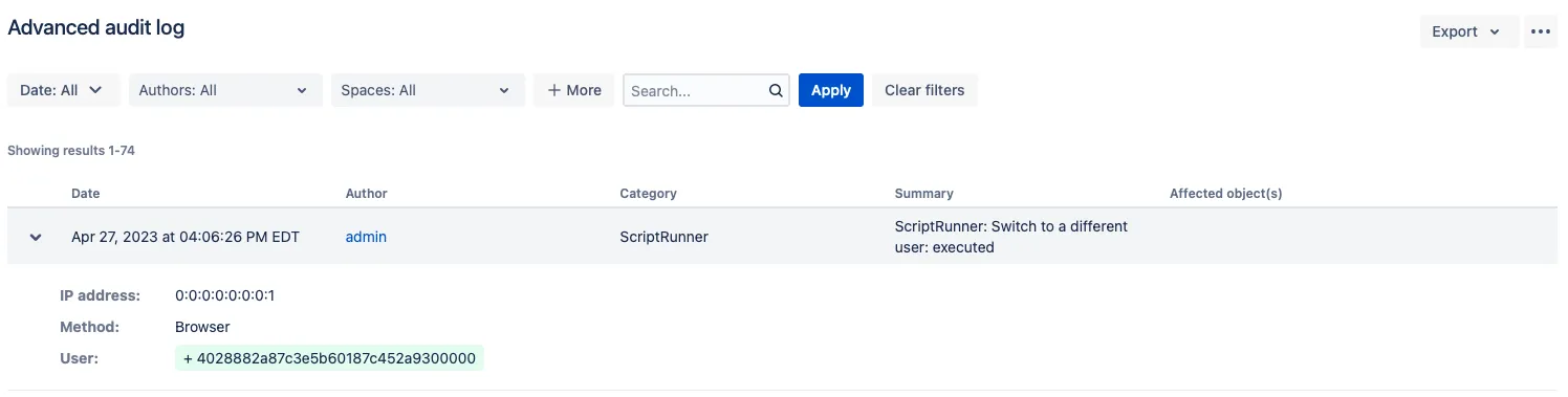 An example audit log with the example entry.
