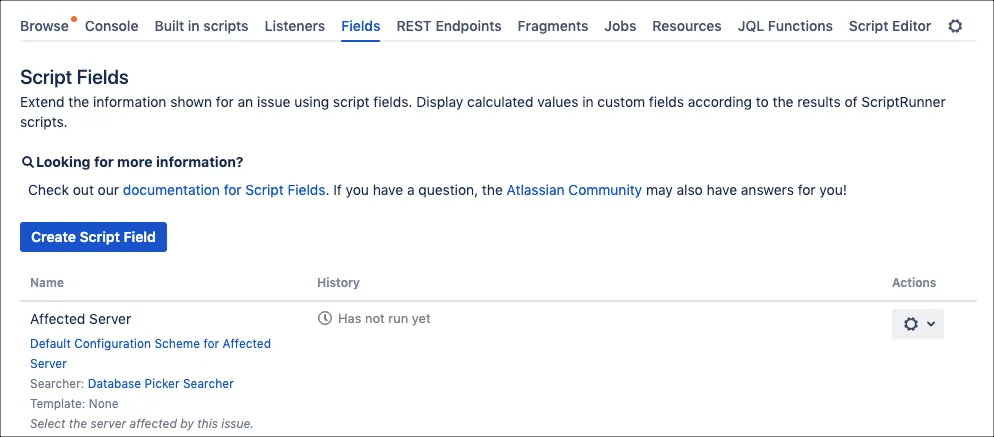 Service Management request form showing the Affected Server Database Picker field configuration