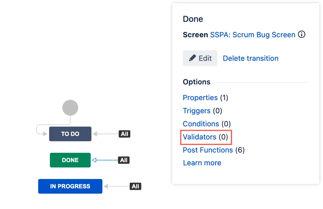 Workflow transition options with the Validators section highlighted