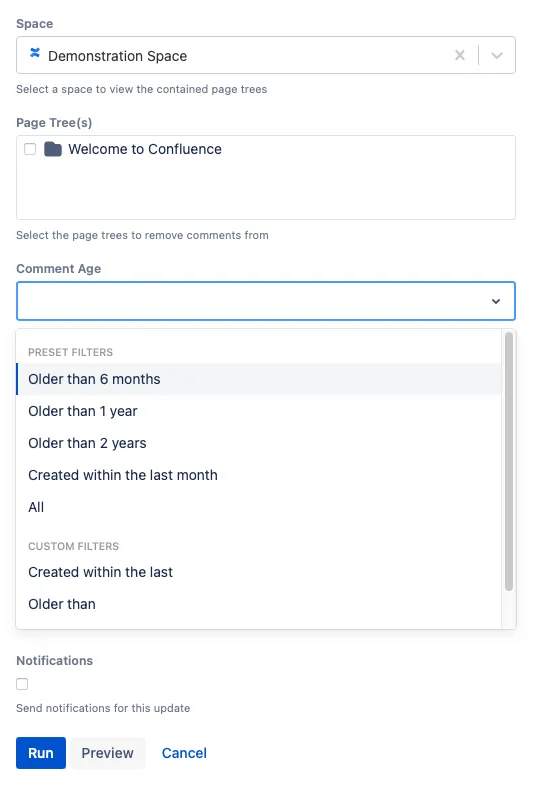 The Bulk Delete Comments script with the above configuration details.