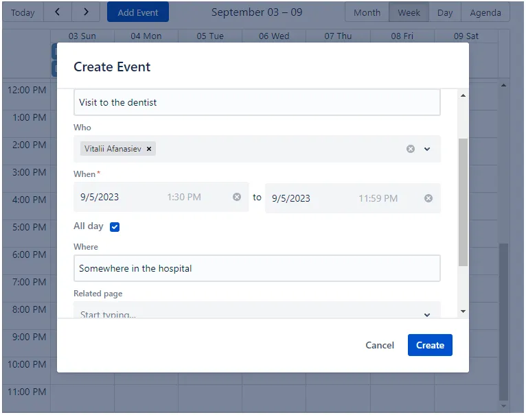 Where field with example location text entered in the event creation form