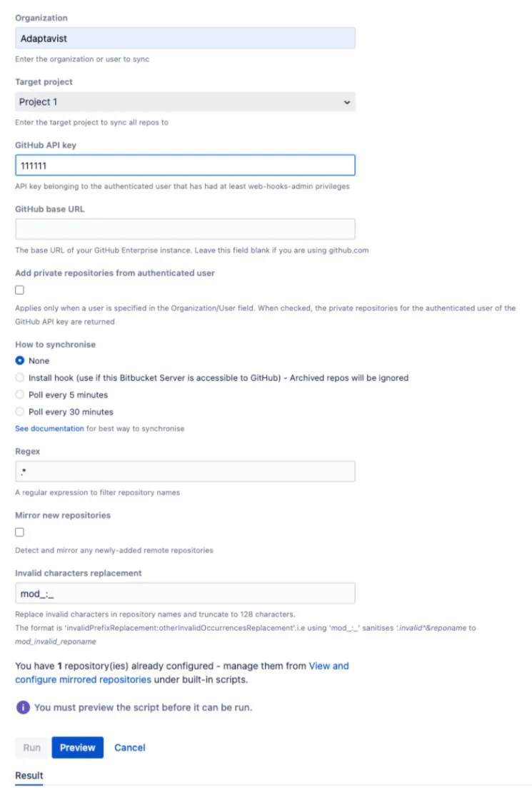 The mirroring preview showing a listing of repositories and their status in Bitbucket.