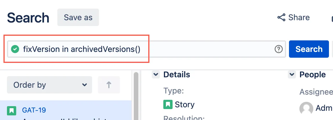 Jira issue search using the ScriptRunner archivedVersions JQL function with the fixVersion field specified
