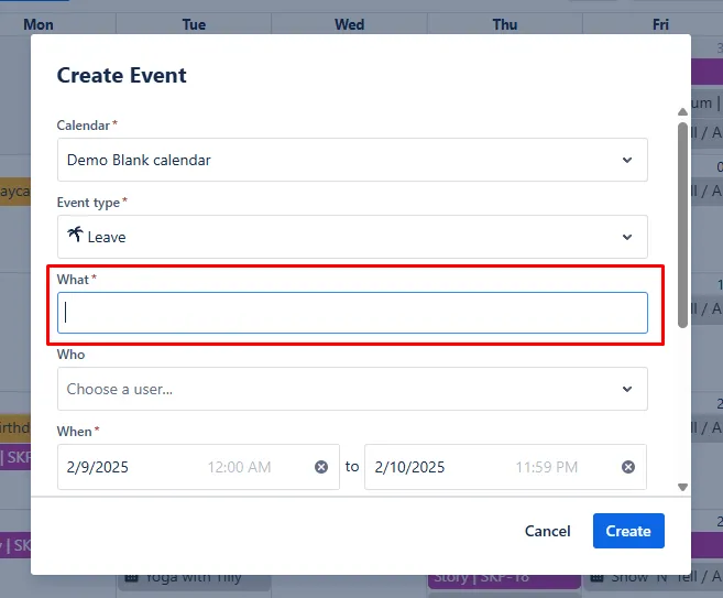 What field with example event summary text highlighted in the event creation form