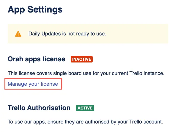 Orah apps license section in Trello Power-Up settings with the Manage your license button highlighted