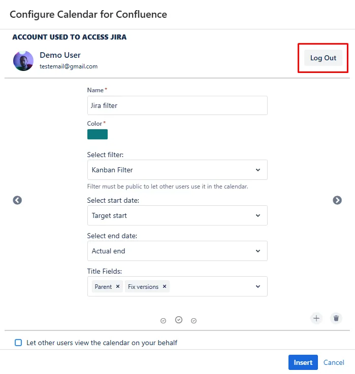 Log Out button in the Calendar for Confluence interface